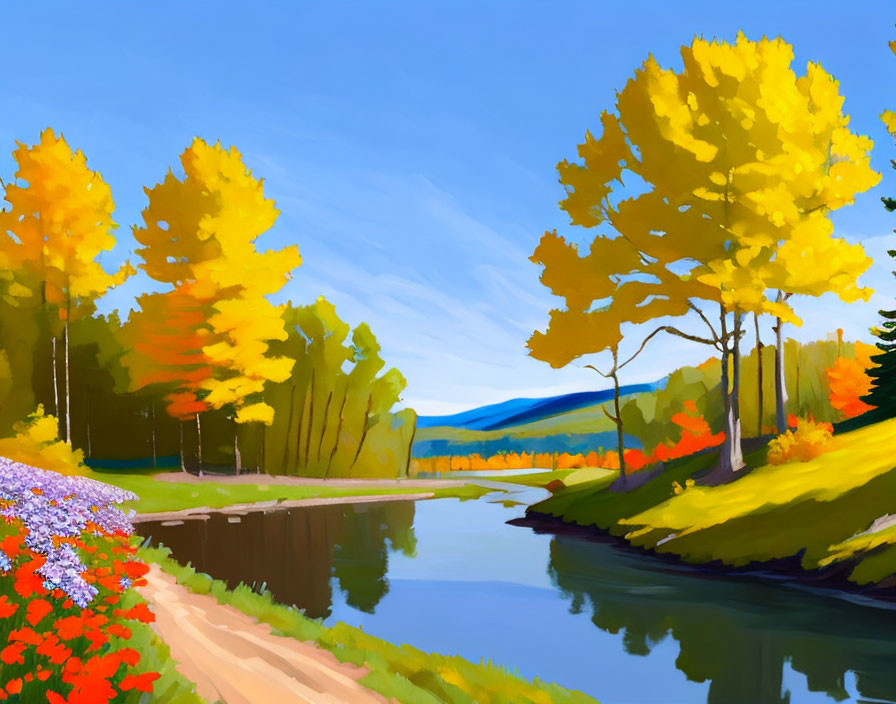 Serene landscape digital painting with golden trees and calm river