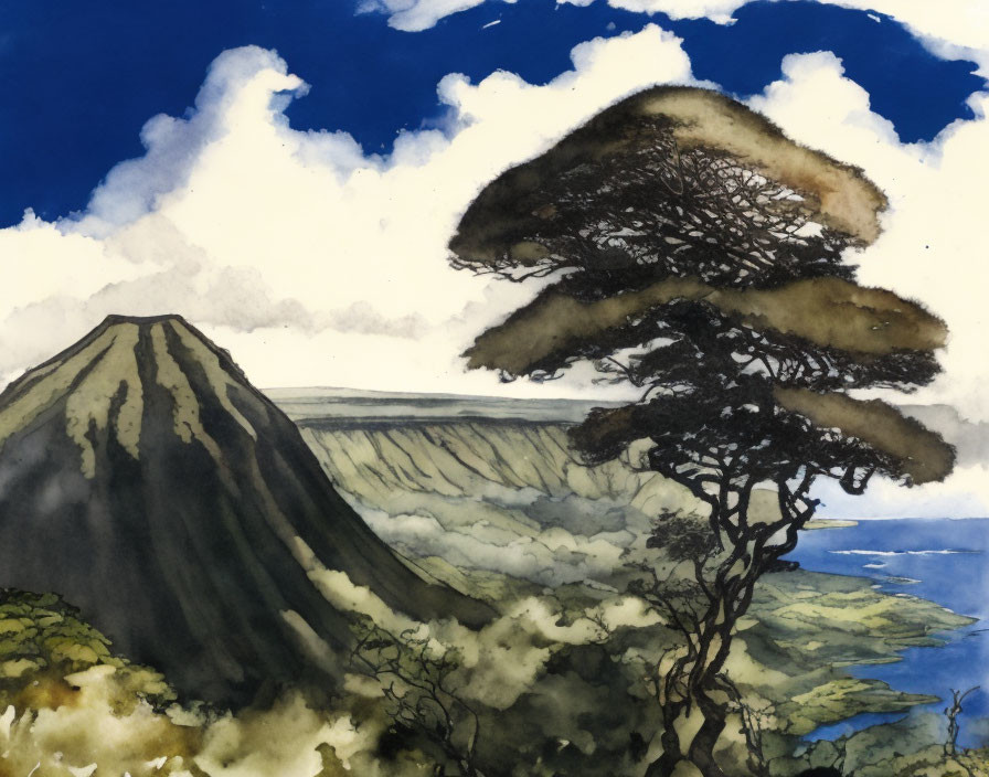 Scenic Watercolor Landscape with Tree, Volcanic Mountain, Sea, and Cloudy Sky
