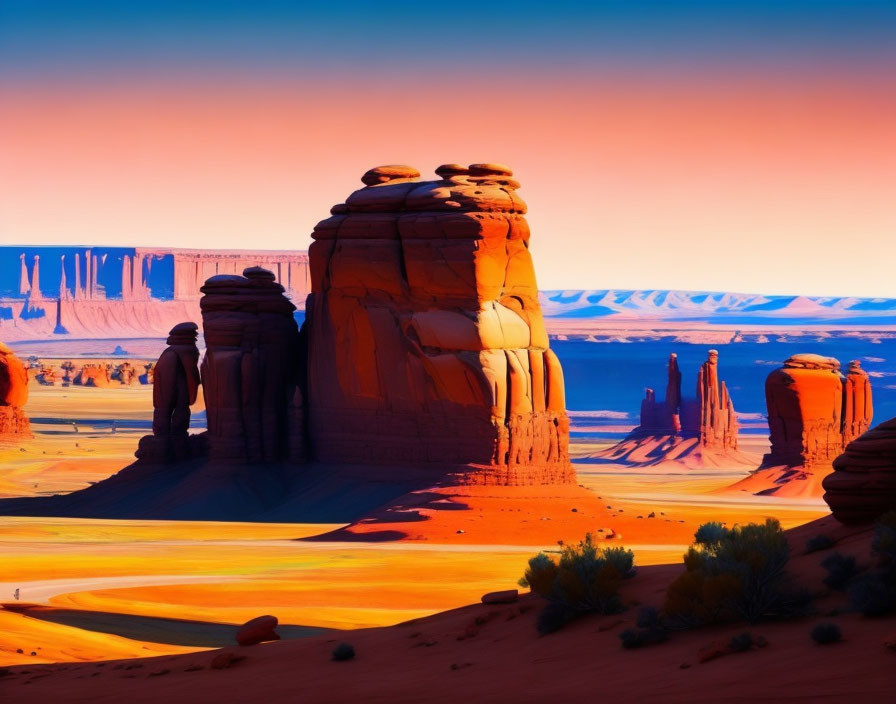 Vivid Orange Desert Landscape with Sandstone Formations at Dusk or Dawn