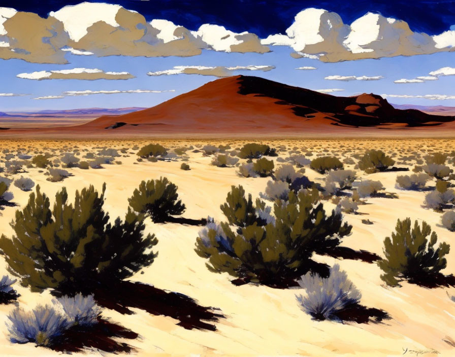 Colorful desert landscape with red dune and blue sky