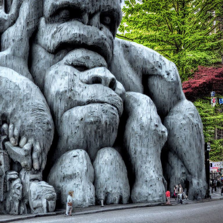 Massive pensive ape sculpture dwarfs human figures in scene