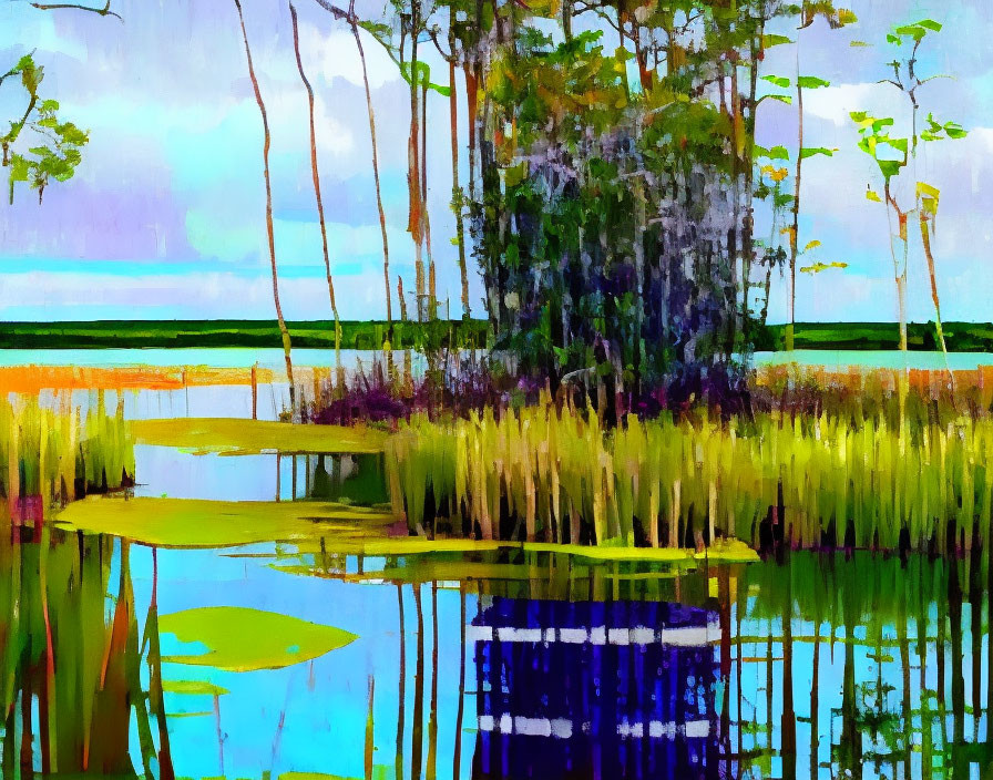 Tranquil swamp painting with lush greenery, towering trees, reflective water, vibrant sky