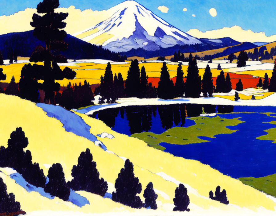 Scenic landscape painting with snow-capped mountain, reflective lake, and colorful fields