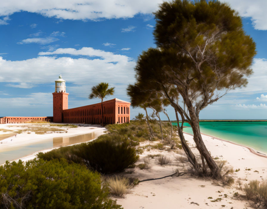 Scenic coastal landscape with red brick lighthouse, sandy beach, and large tree