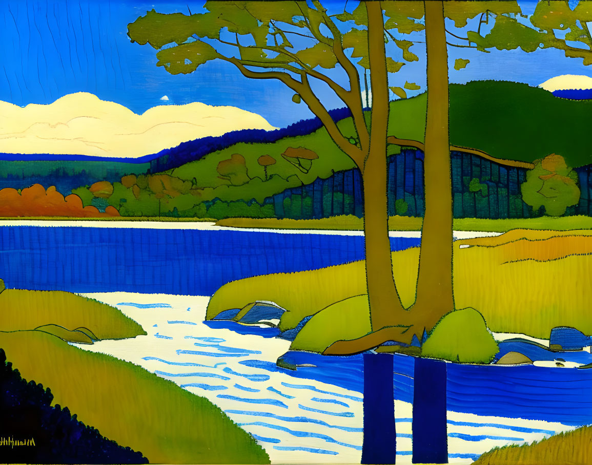 Colorful Landscape Painting with Trees, River, and Hills under Blue Sky