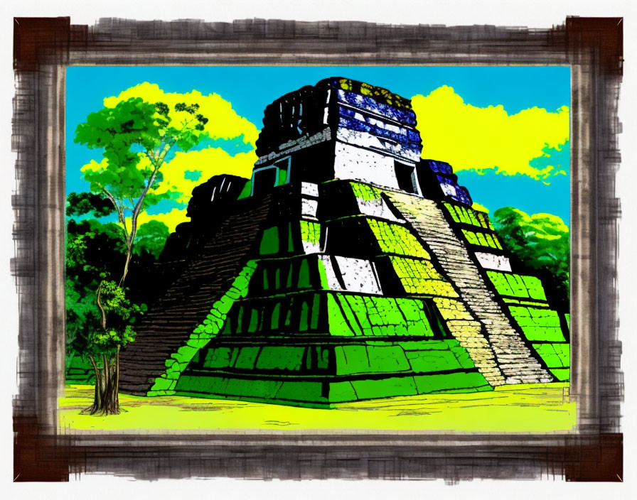 Colorful Stylized Drawing of Mesoamerican Step Pyramid with Trees under Yellow Sky