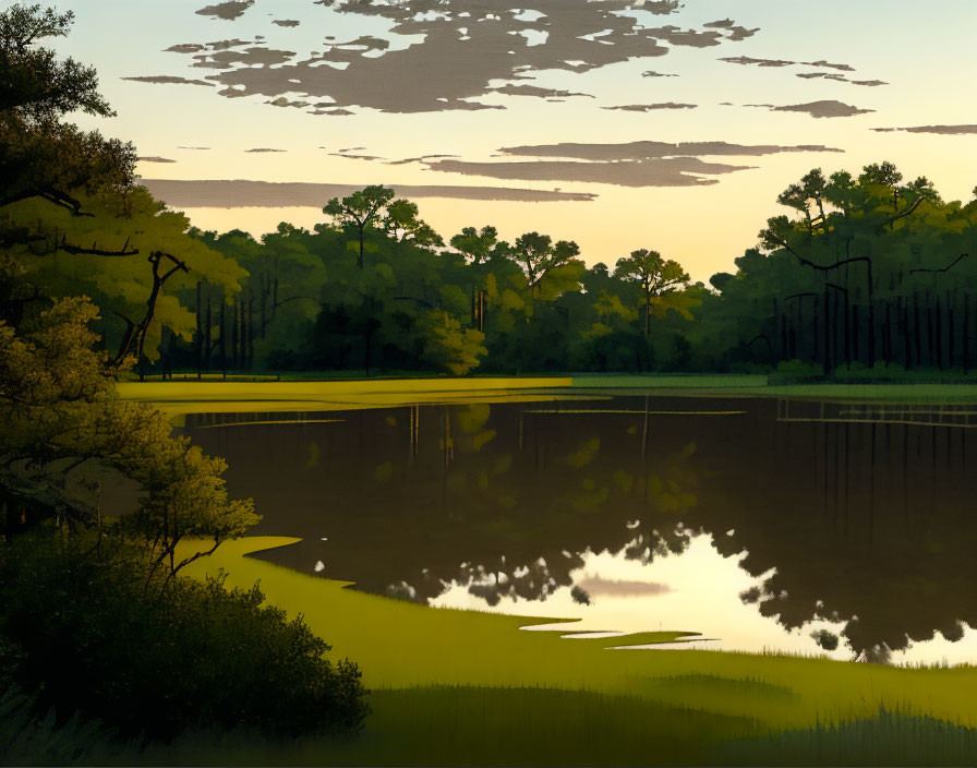 Tranquil lakeside scene with lush greenery and golden reflections at dusk or dawn