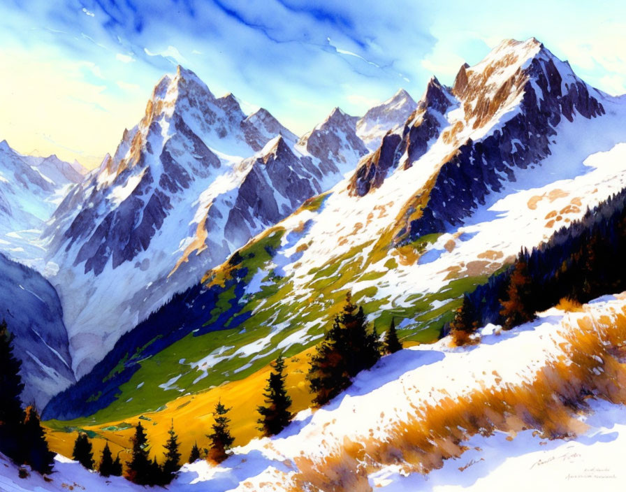 Swiss Alps watercolor landscape very GooD
