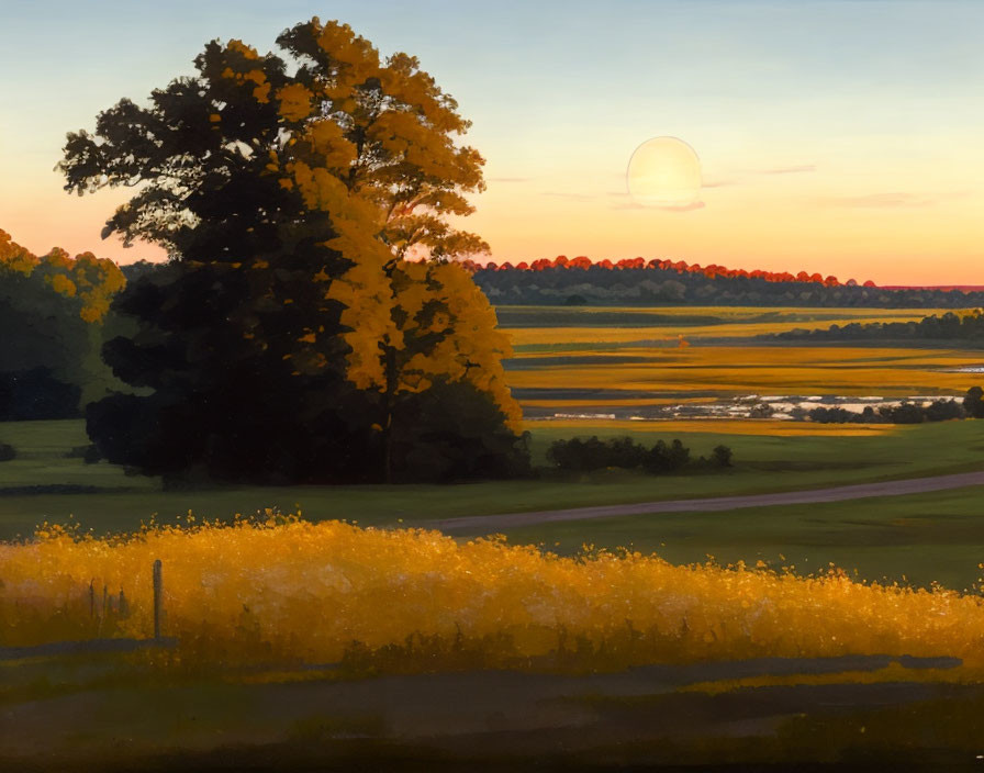 Tranquil sunset landscape with large tree, glowing sun, and yellow flowers