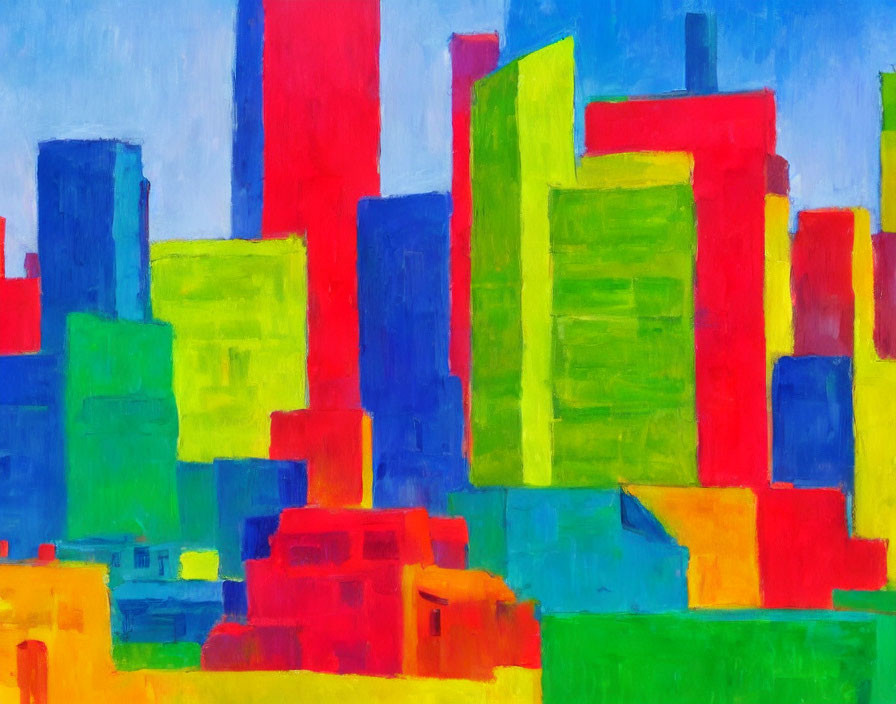 Vibrant cityscape abstract painting with red, blue, green, and yellow blocks on blue sky