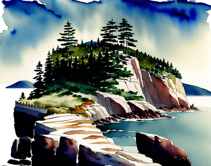 Serene island watercolor painting with pine trees and rocky cliffs