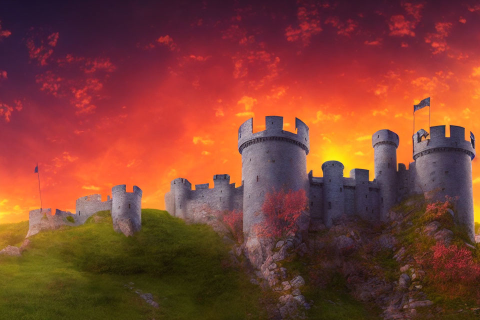 Medieval castle with multiple towers against vibrant sunset sky
