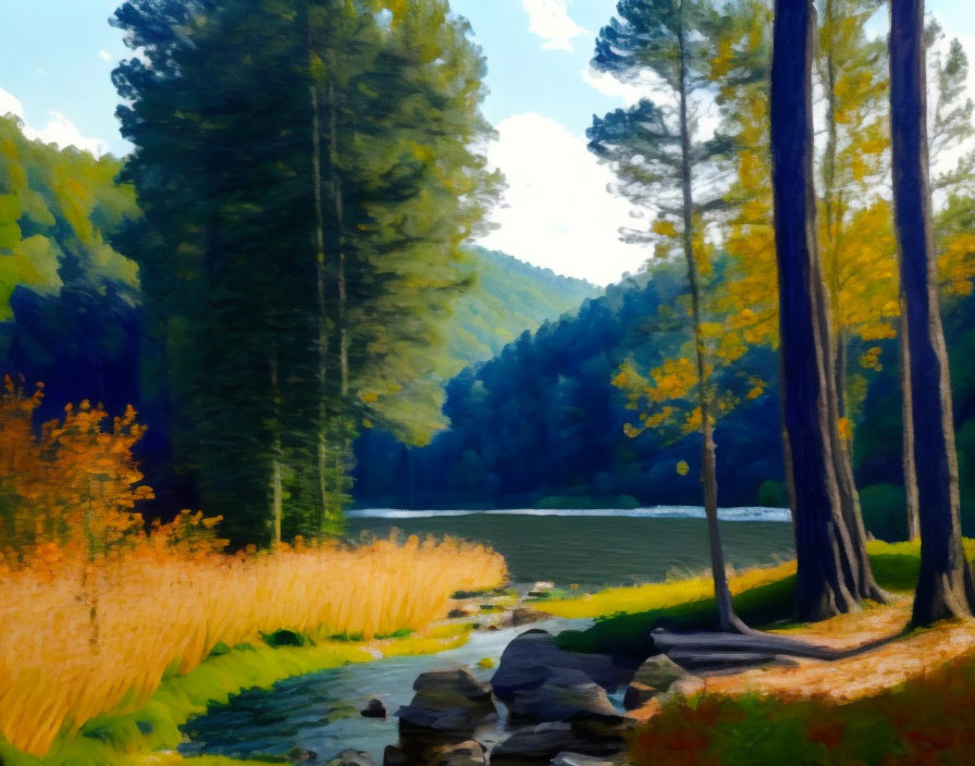 Tranquil forest scene: trees, river, autumn colors, peaceful day