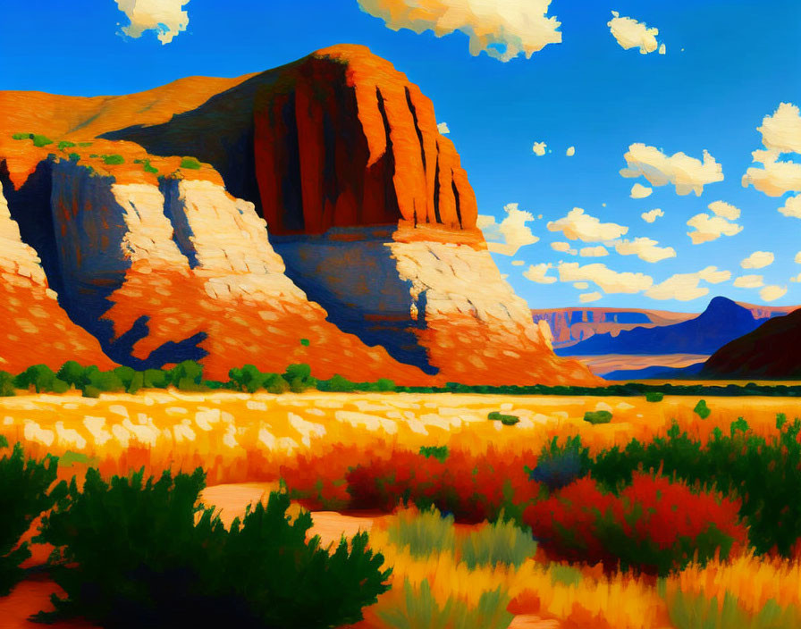Colorful desert painting: red rock under blue sky, vibrant vegetation