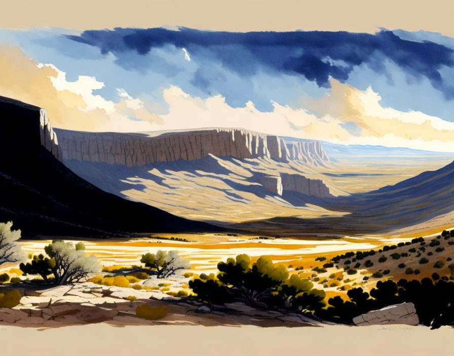 Illustrated desert landscape with river, golden shrubs, cliffs, and blue sky.