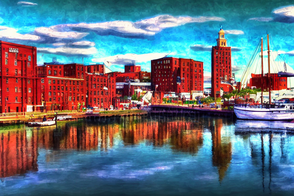 Historic buildings, sailboat, and dynamic sky in vibrant waterfront scene