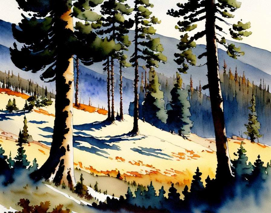 Serene forest scene with tall trees and mountain background