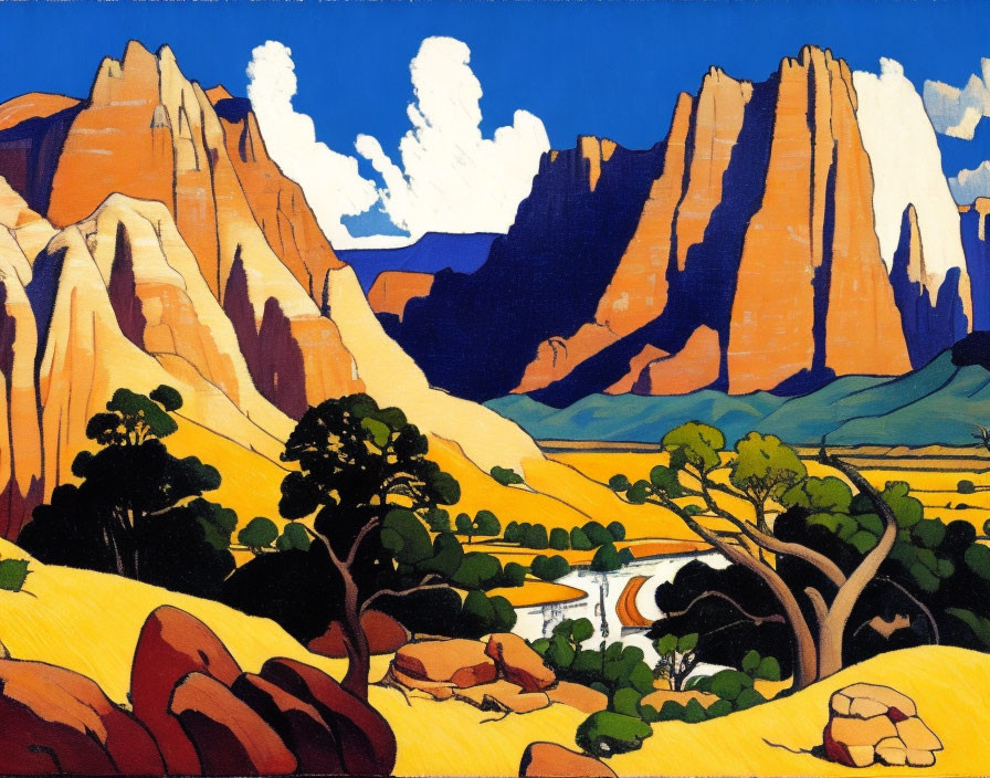Colorful desert landscape with towering cliffs, river, and trees