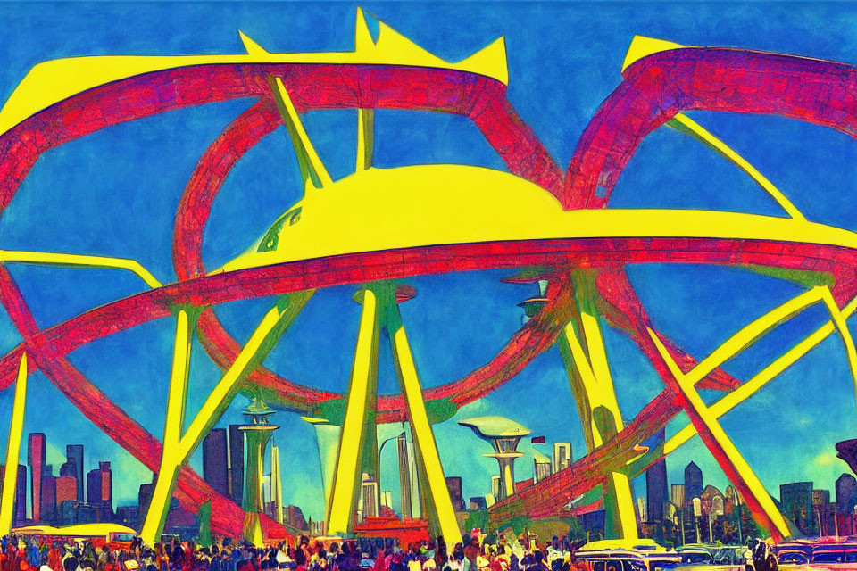 Colorful illustration of red roller coaster tracks against city skyline and blue sky