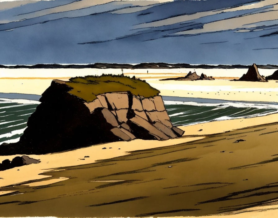 Coastal scene illustration with rock formations on beach and cloudy sky