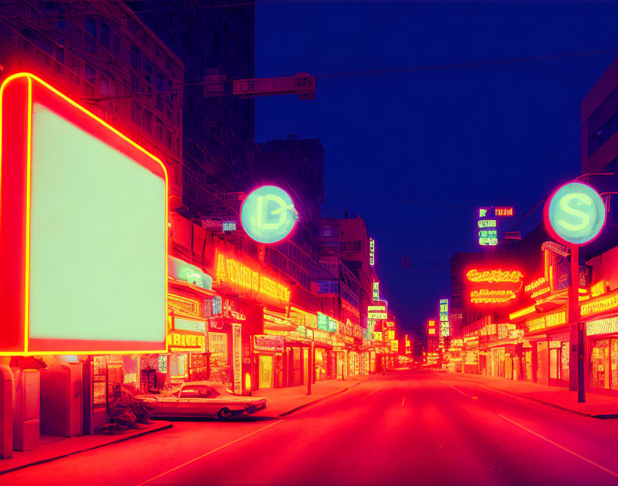 Neon-lit nighttime street with retro futuristic vibe