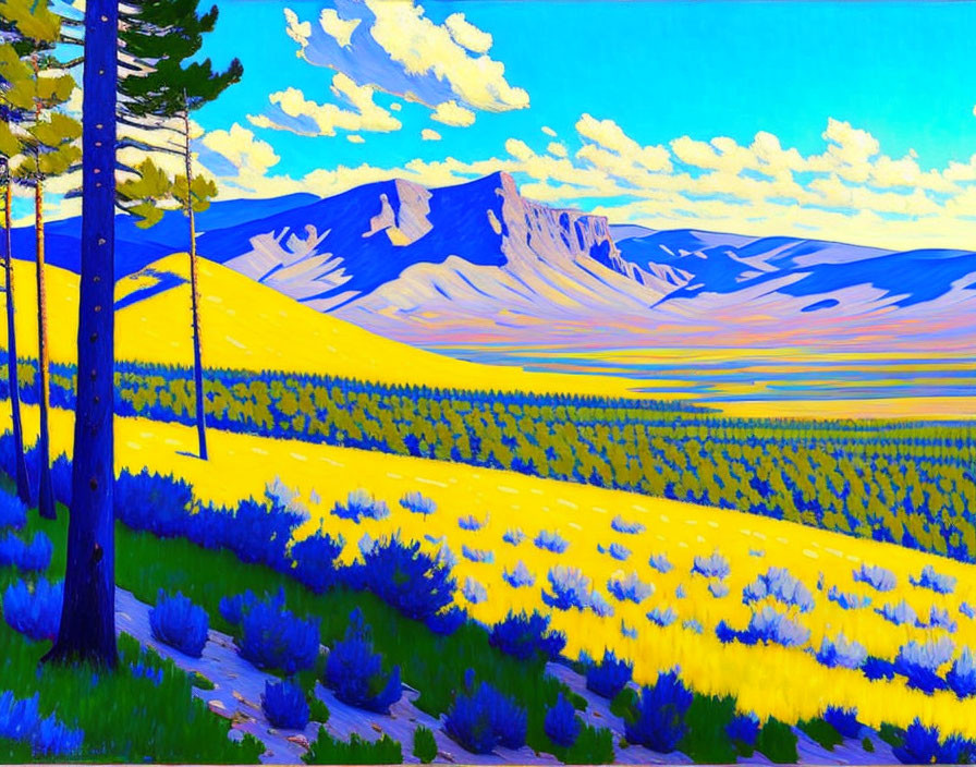 Colorful painting of yellow wildflower field with blue bushes under bright blue sky.