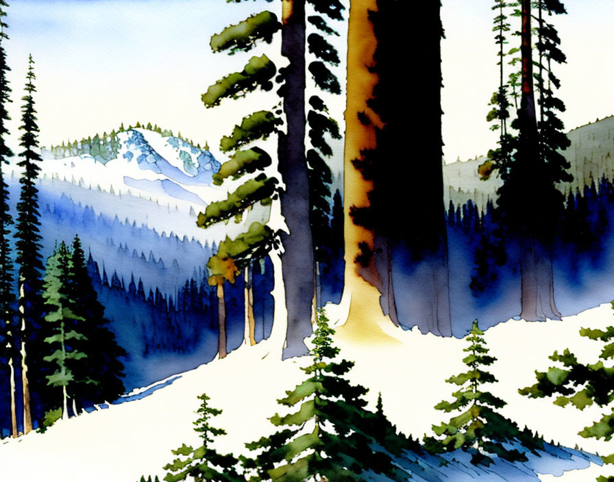 Snowy Landscape Watercolor Painting with Evergreen Trees & Mountains