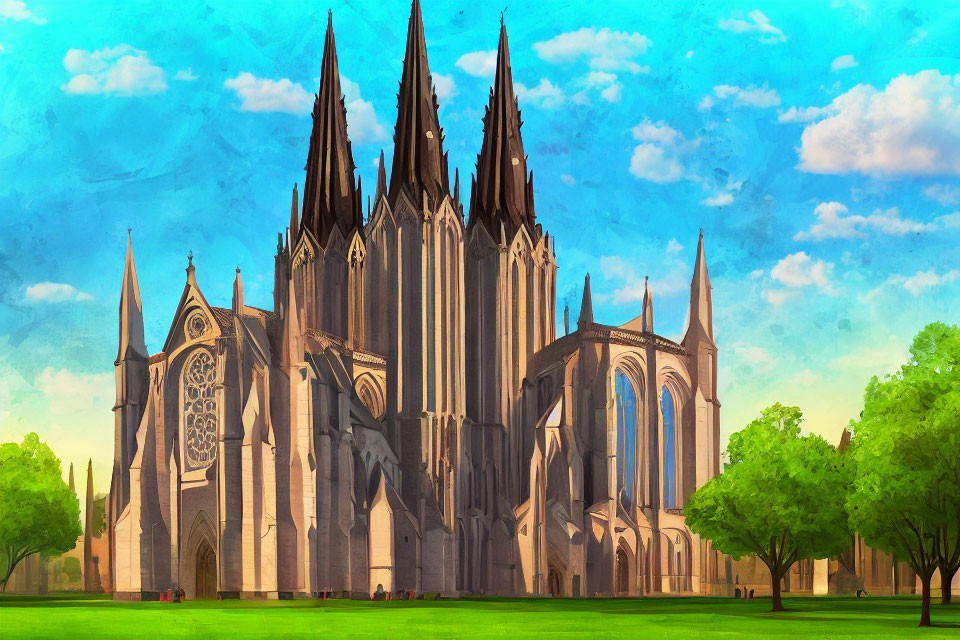 Gothic cathedral digital art with spires under blue sky