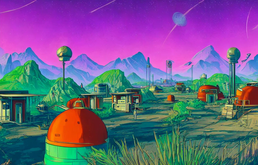 Futuristic colony with dome-shaped structures on extraterrestrial landscape