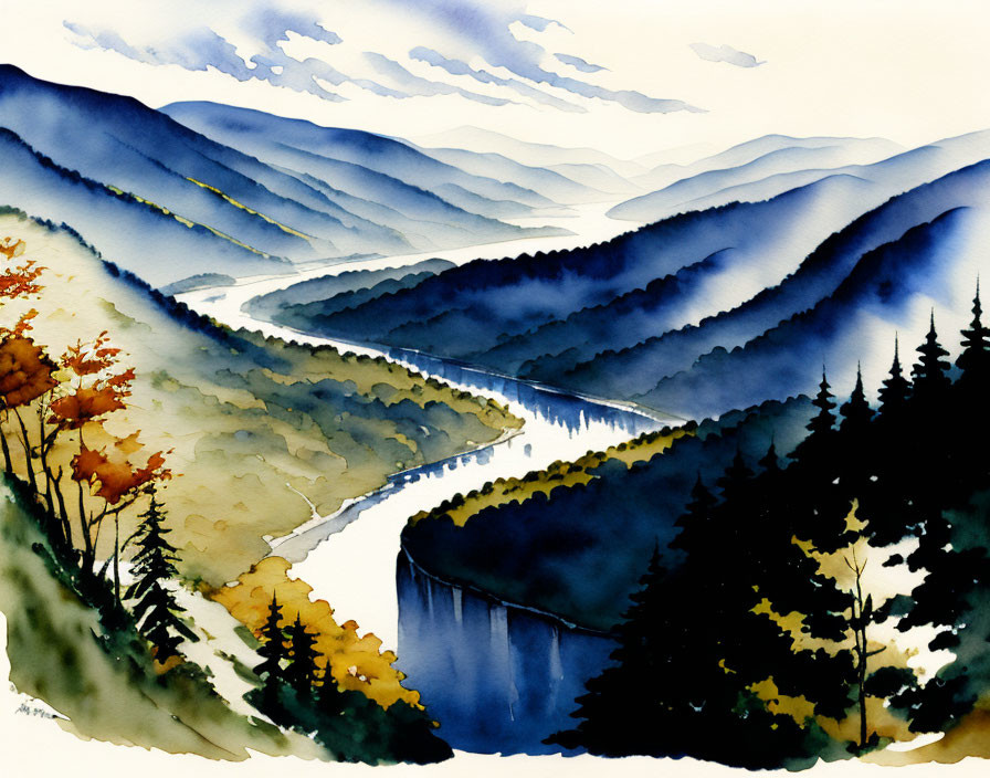 Scenic Watercolor Painting of Winding River and Blue Mountains
