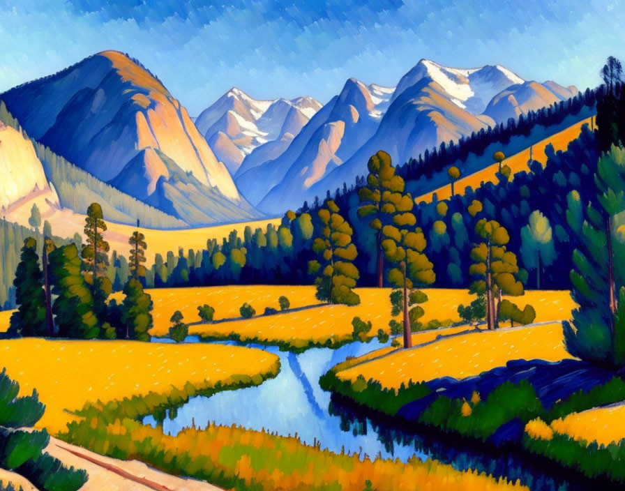 Scenic painting of lush valley with river and mountains