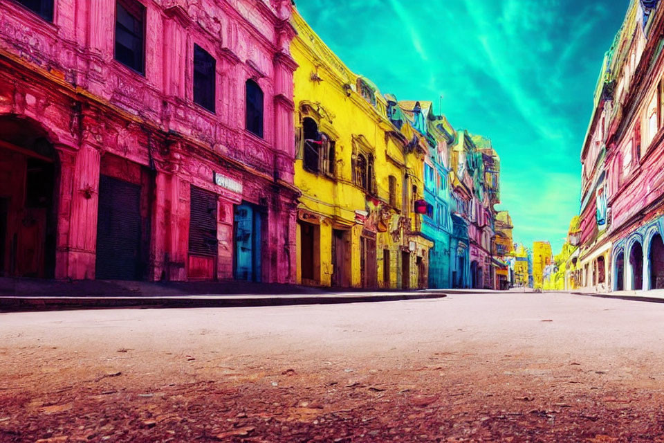 Colorful street scene with bright old buildings under teal sky