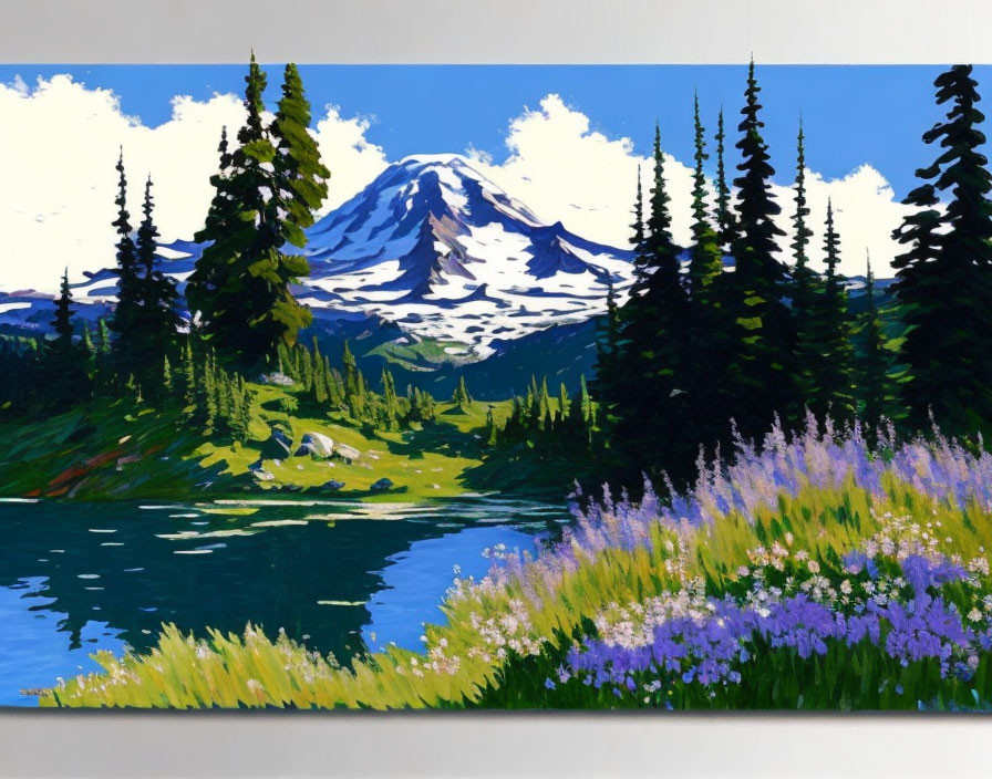 Mountainous Landscape Painting with Snow-Capped Peak and Blue Lake