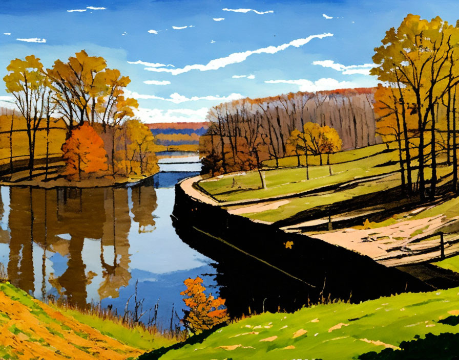 Autumnal riverside painting with golden trees and blue sky