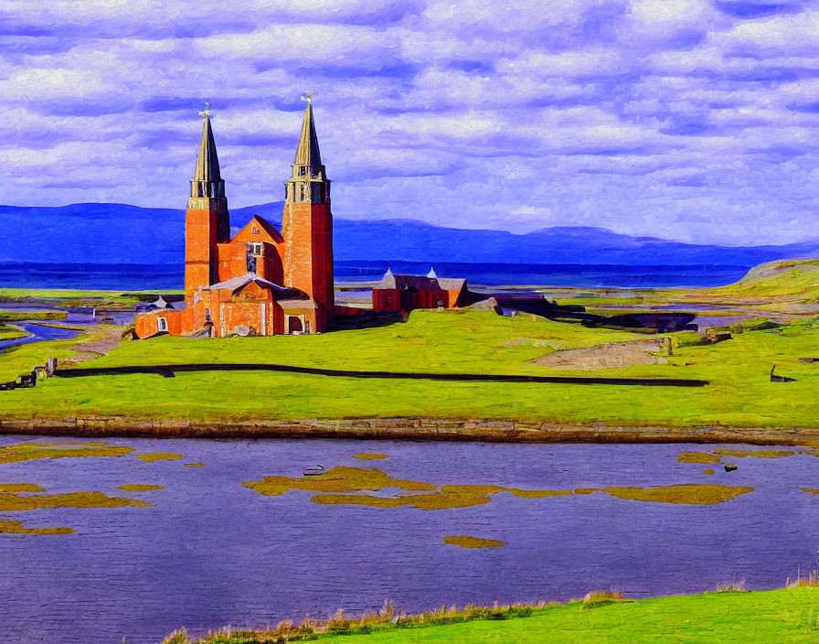 Colorful Landscape: Red-Brick Church, River, Mountains