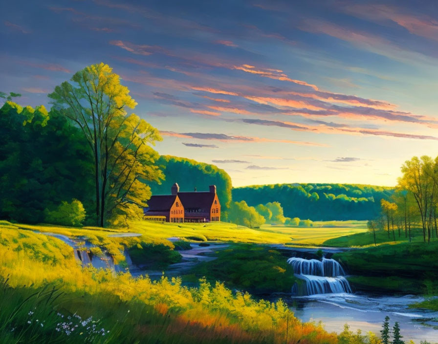 Tranquil landscape with waterfall, river, greenery, house, sunset