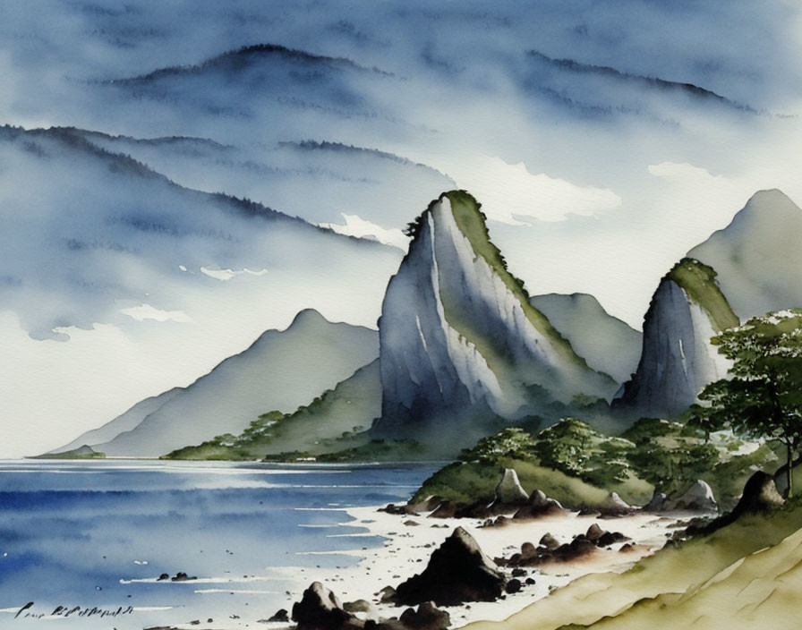 Coastal Landscape Watercolor Painting with Mountains, Sea, Trees, and Sky