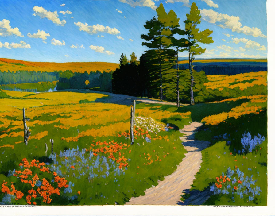 Colorful Painting of Sunlit Meadow Path