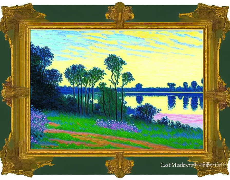 Serene riverside painting with tall trees and blue sky