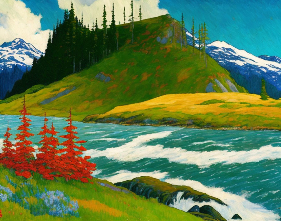 Scenic painting of river, red trees, green hill, and mountains