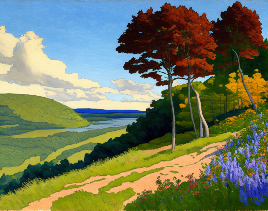 Vibrant landscape painting with green hills, red trees, and blue sky