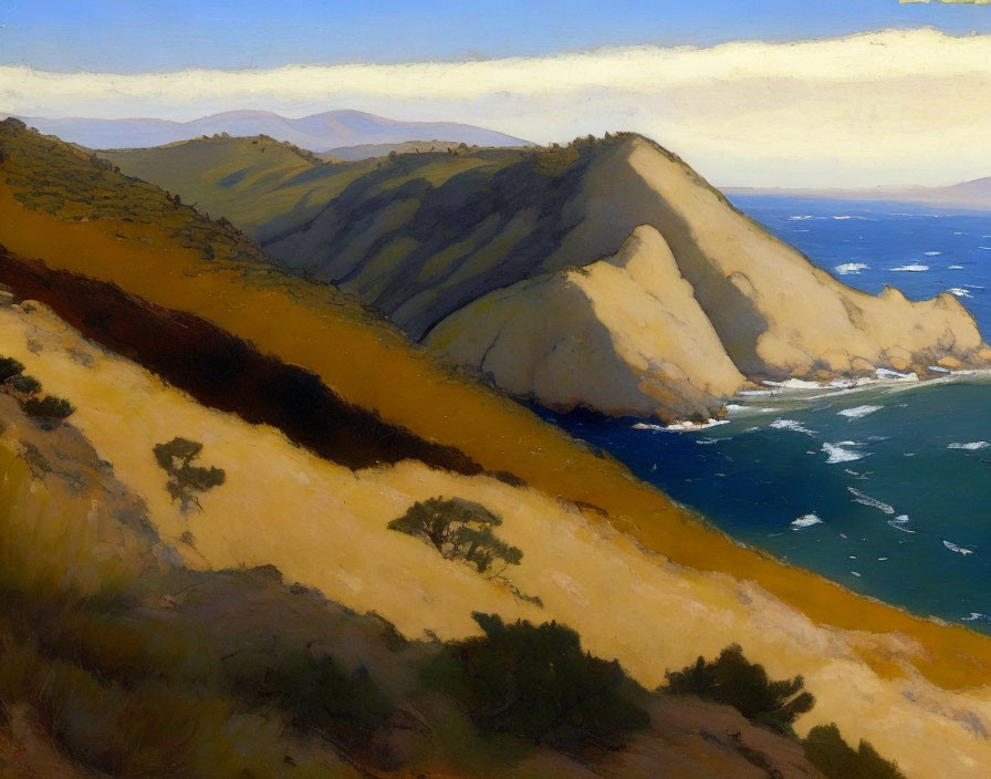 Coastline landscape painting with rolling hills, trees, ocean, and cliffs under hazy sky