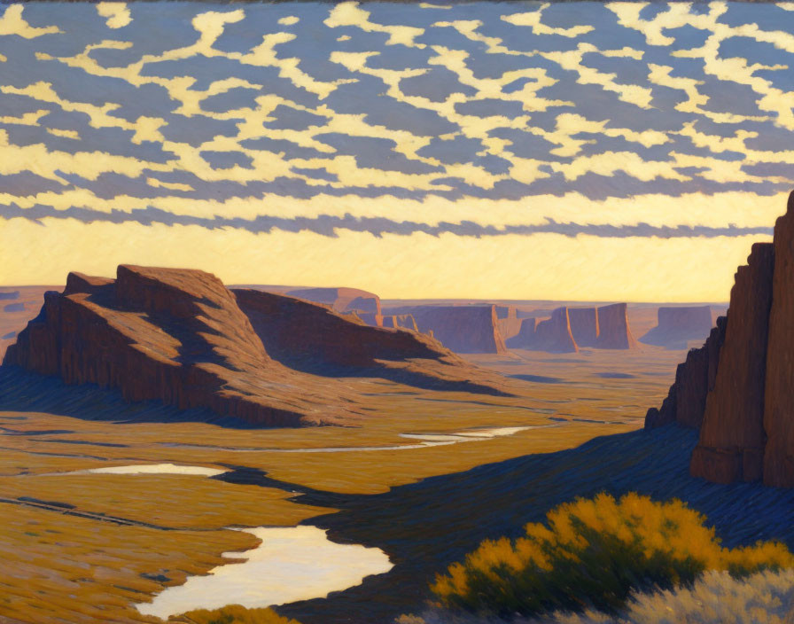 Desert landscape painting with river, plateaus, and sky.