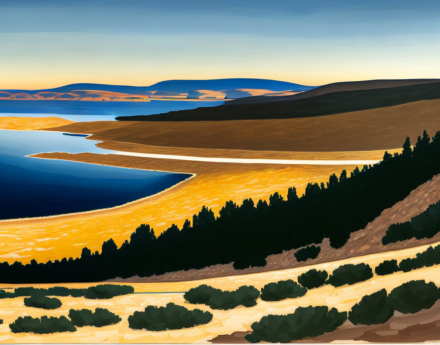 Tranquil river landscape with golden shores and pine forest