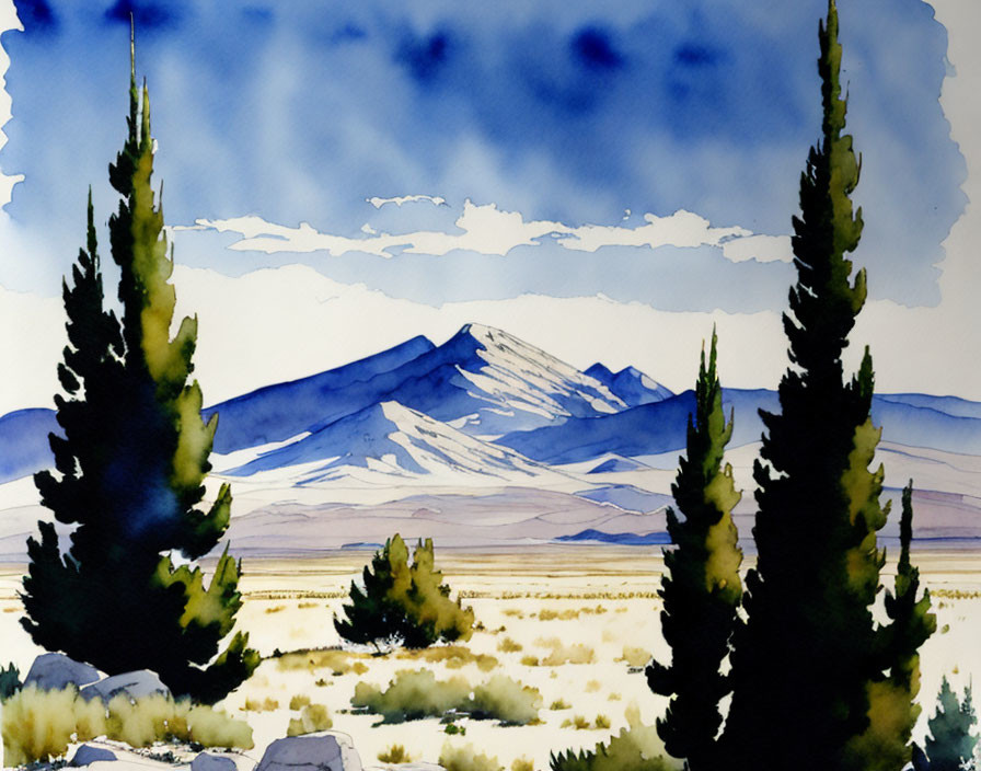 Landscape watercolor painting with cypress trees and blue mountains