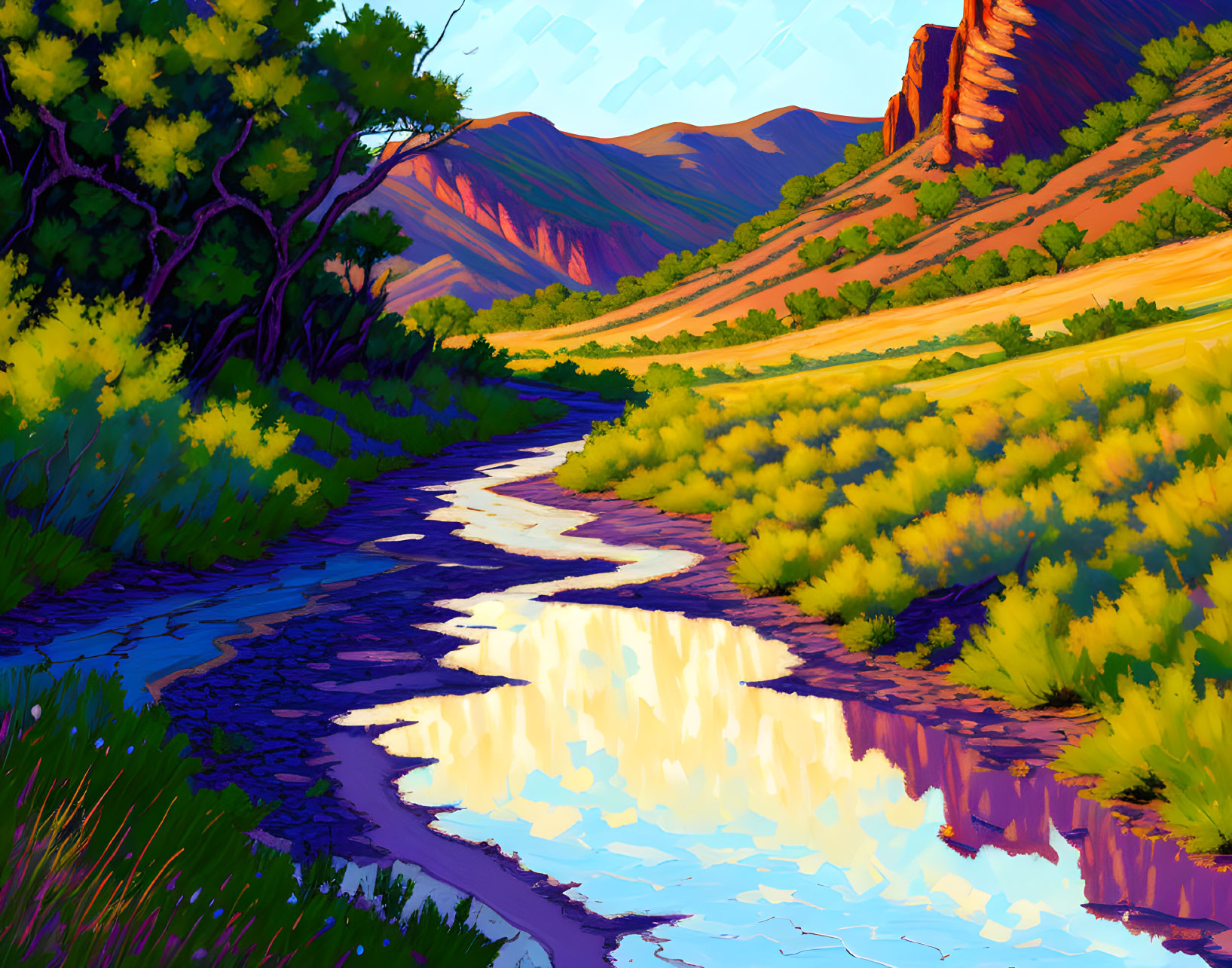 Scenic landscape illustration with winding river, lush vegetation, and mountains