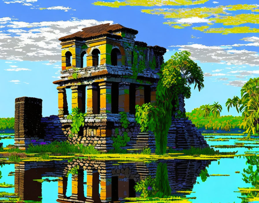 Ancient Ruin Pixel Art: Overgrown by Lake, Vibrant Foliage, Blue Sky