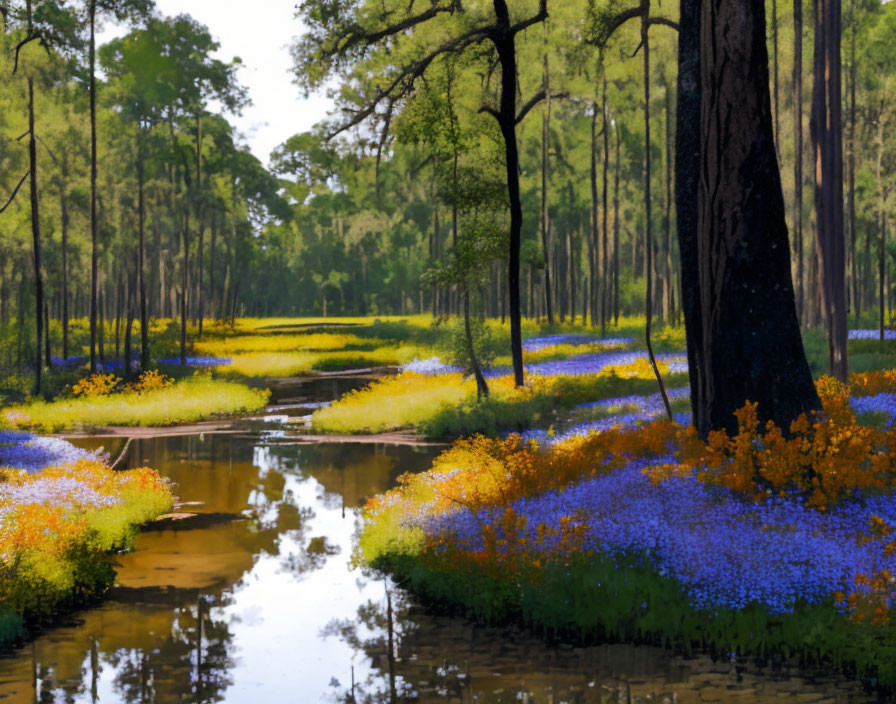 Tranquil stream flowing through vibrant forest with lush trees and wildflowers