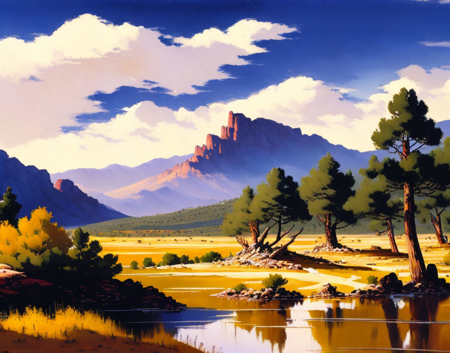 Scenic landscape painting with river, pine trees, fields, and cliffs