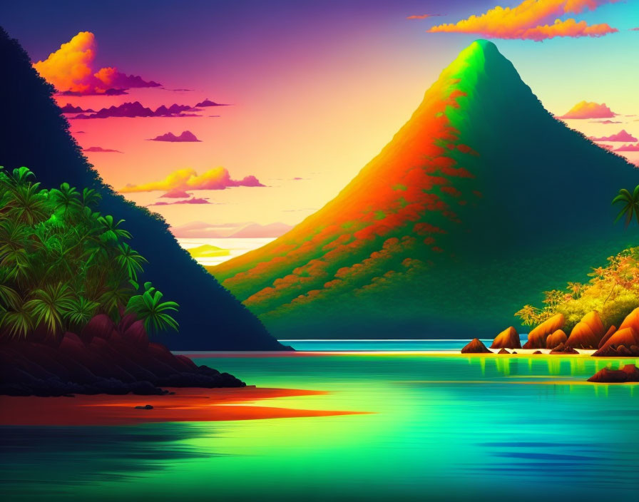 Tropical sunset digital artwork with vivid colors and beach landscape